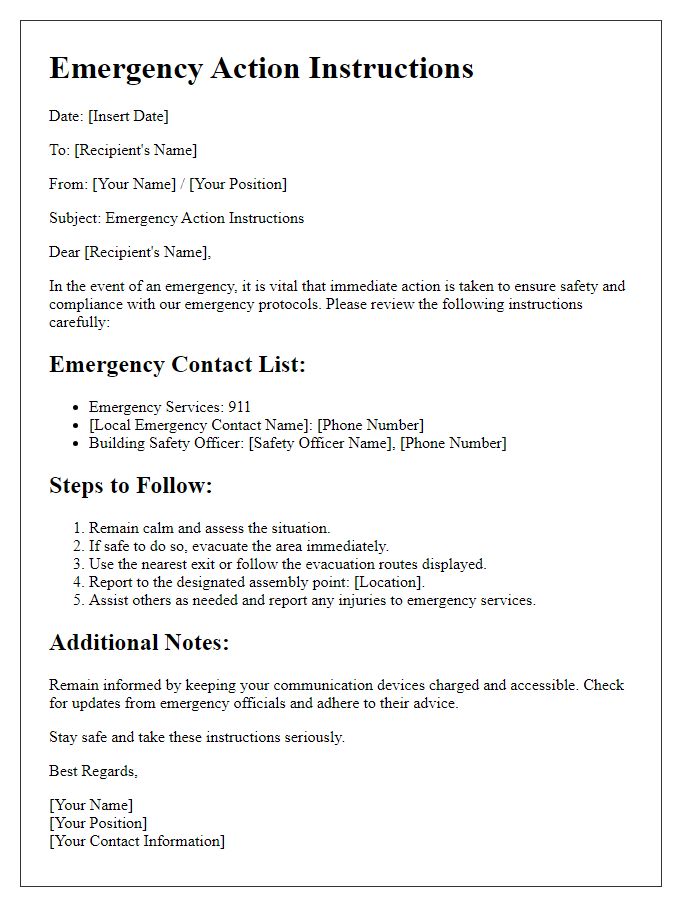 Letter template of Emergency Action Instructions