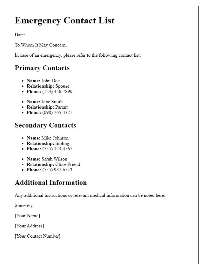 Letter template of Emergency Contact List