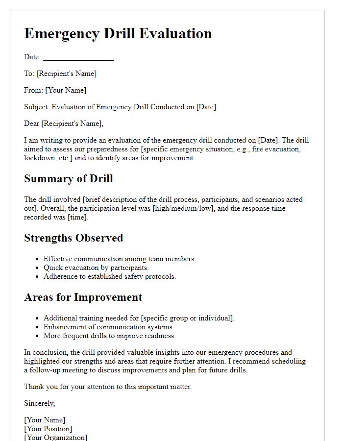 Letter template of Emergency Drill Evaluation