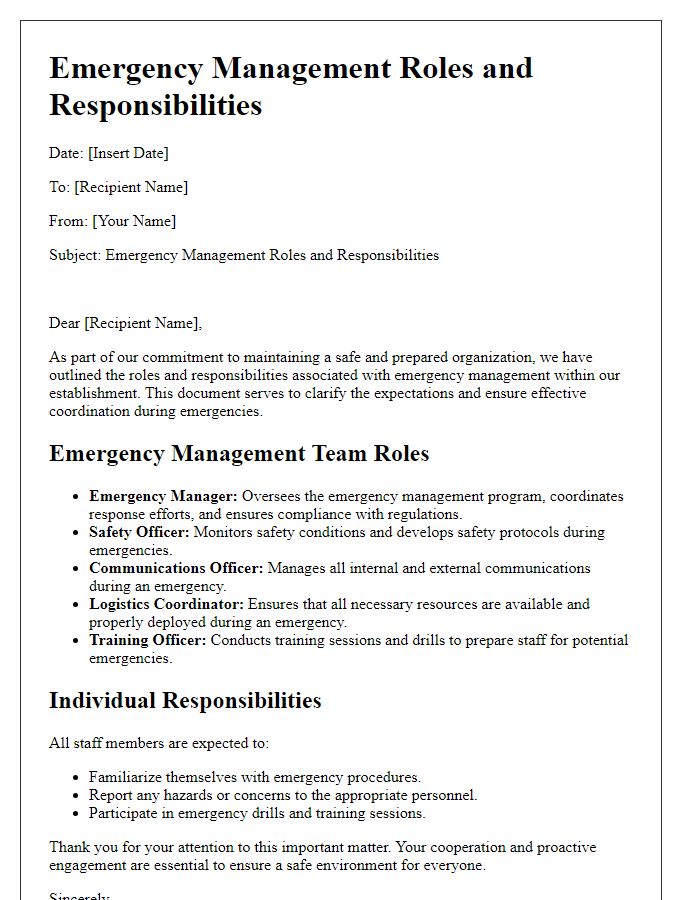 Letter template of Emergency Management Roles and Responsibilities