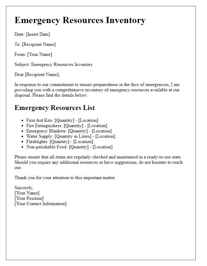 Letter template of Emergency Resources Inventory