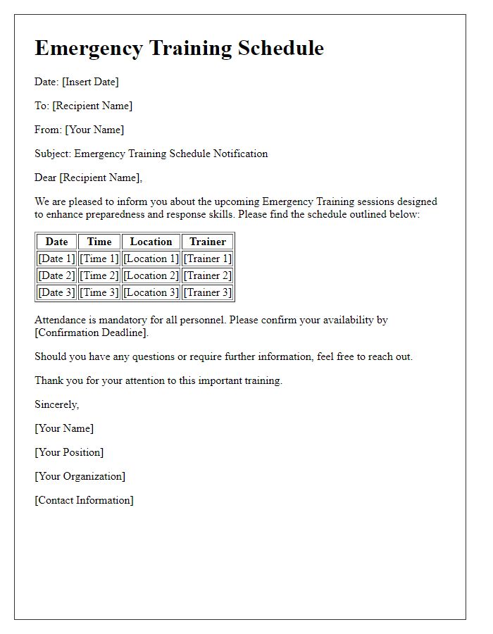 Letter template of Emergency Training Schedule