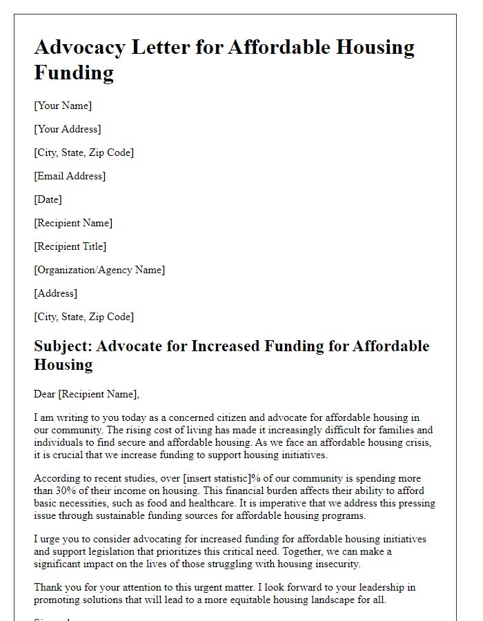 Letter template of advocacy for affordable housing funding