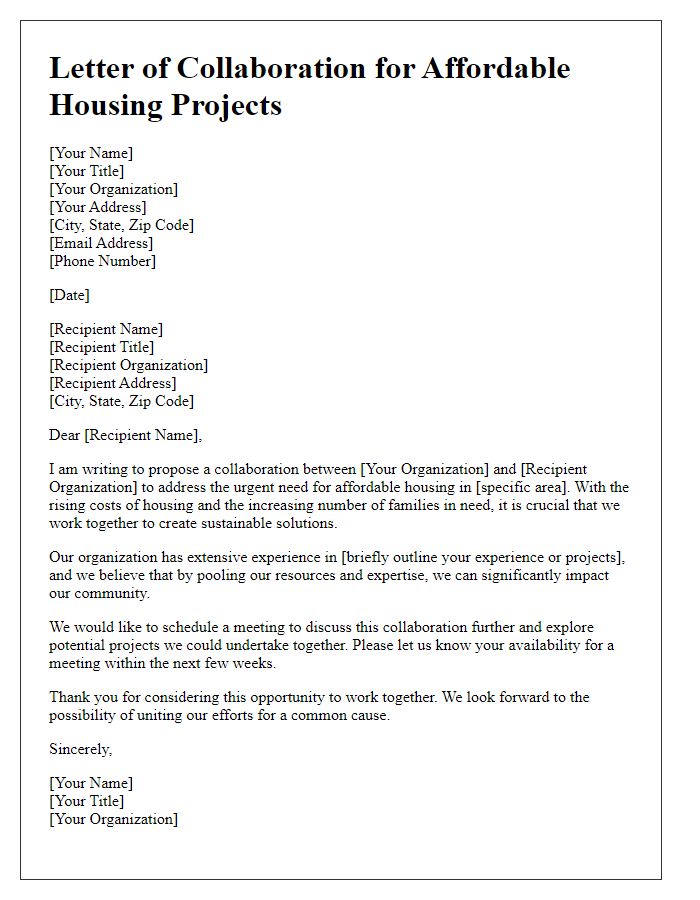 Letter template of collaboration for affordable housing projects