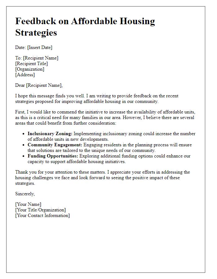 Letter template of feedback on affordable housing strategies