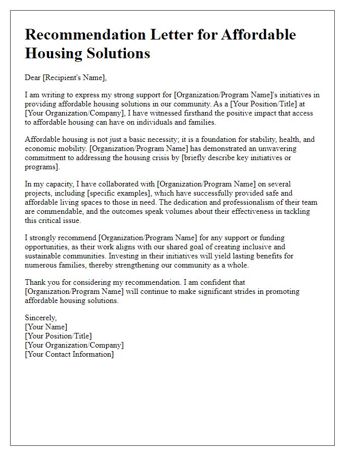 Letter template of recommendations for affordable housing solutions