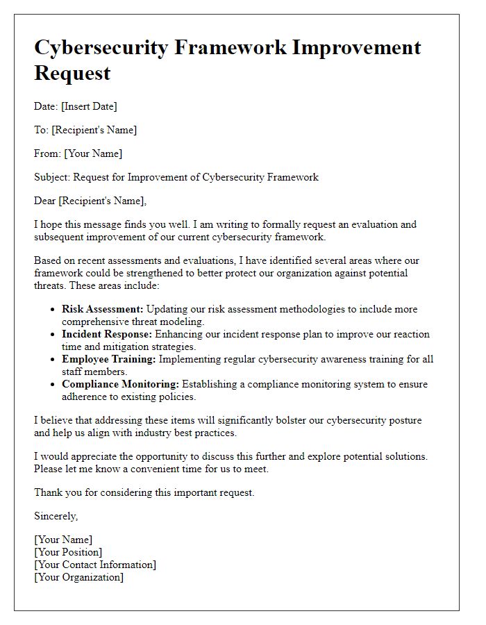 Letter template of cybersecurity framework improvement requests