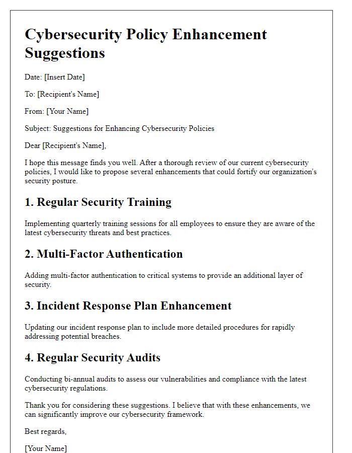 Letter template of cybersecurity policy enhancement suggestions