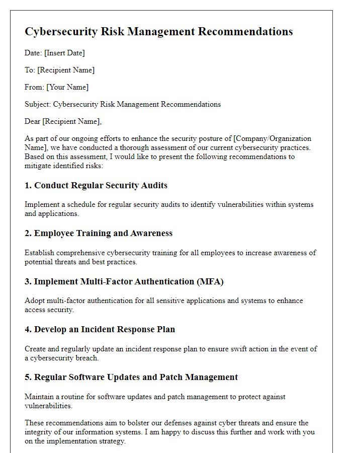 Letter template of cybersecurity risk management recommendations