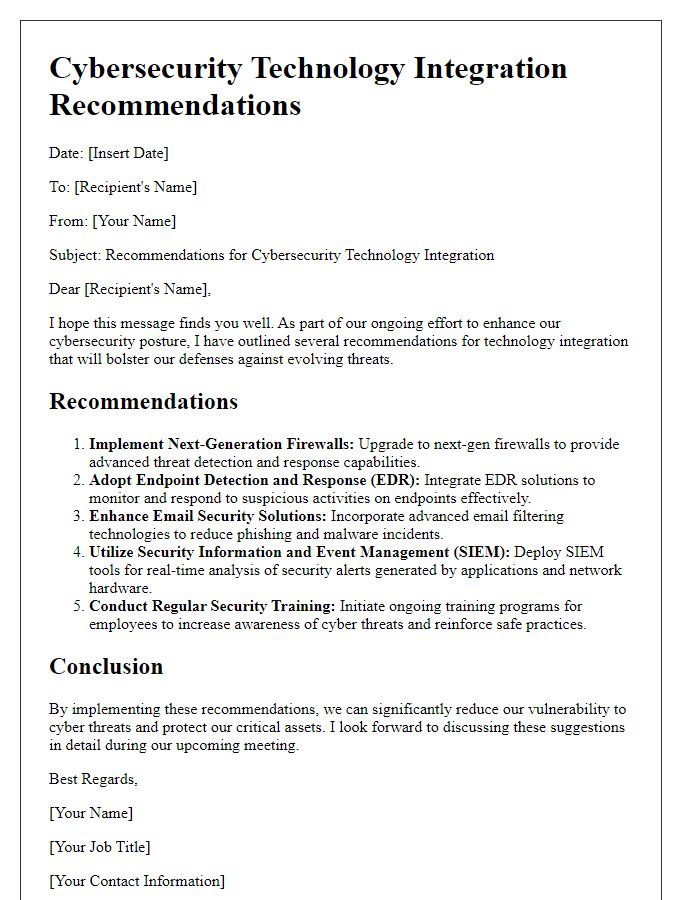 Letter template of cybersecurity technology integration recommendations