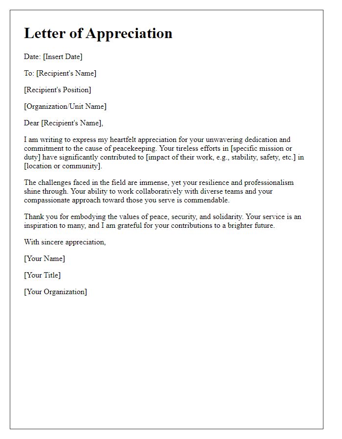 Letter template of appreciation for peacekeeping personnel.