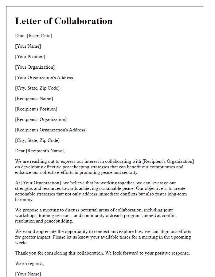 Letter template of collaboration with NGOs on peacekeeping strategies.