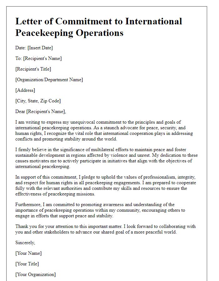 Letter template of commitment to international peacekeeping operations.