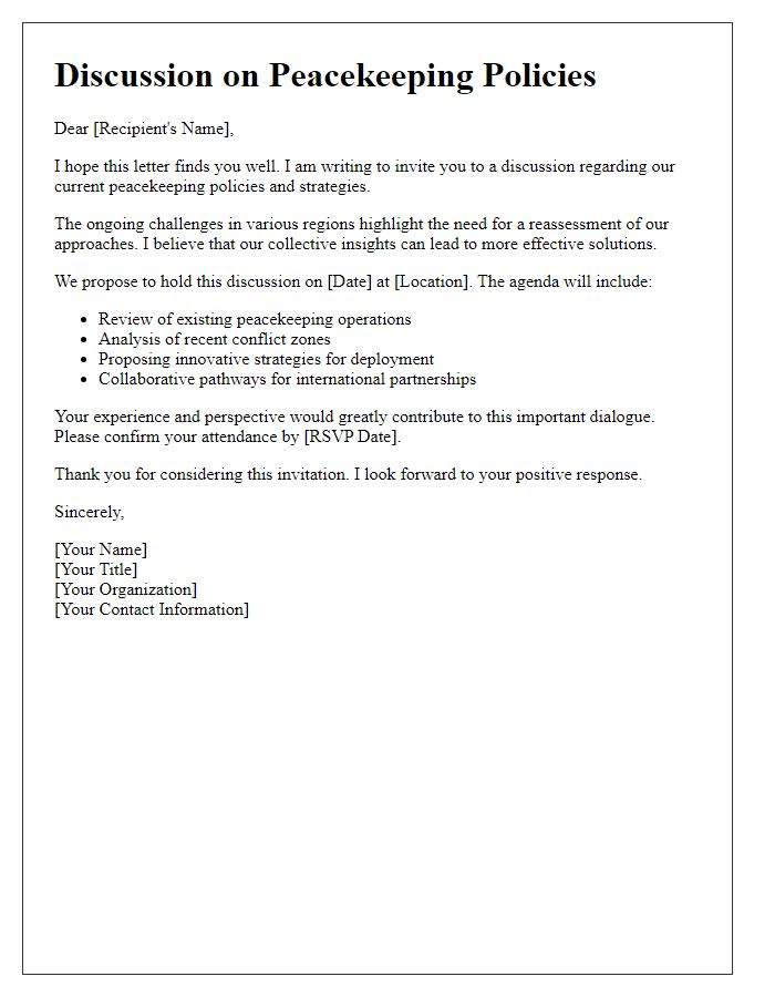 Letter template of discussion on peacekeeping policies.