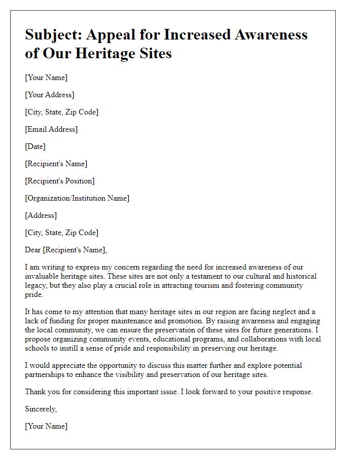 Letter template of appeal for increased awareness of heritage sites.