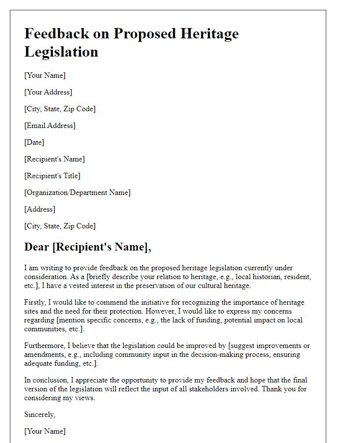 Letter template of feedback on proposed heritage legislation.