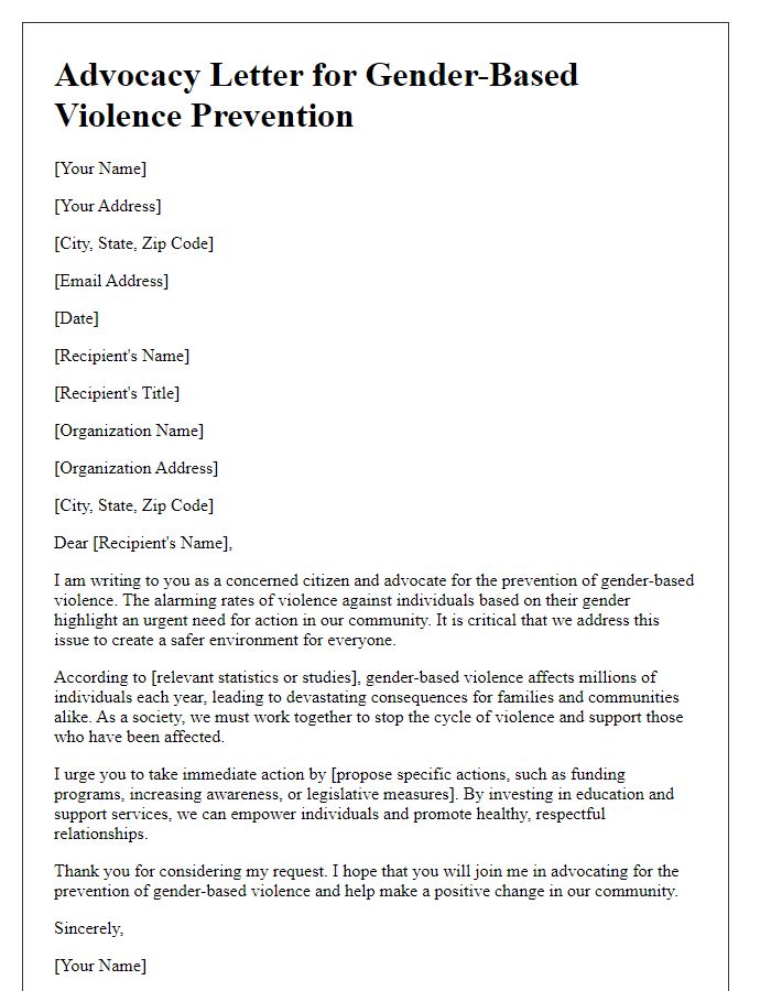 Letter template of advocacy for gender-based violence prevention