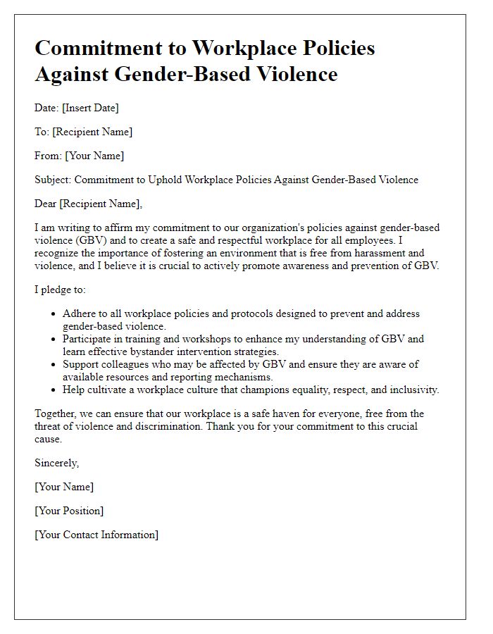 Letter template of commitment to workplace policies against gender-based violence