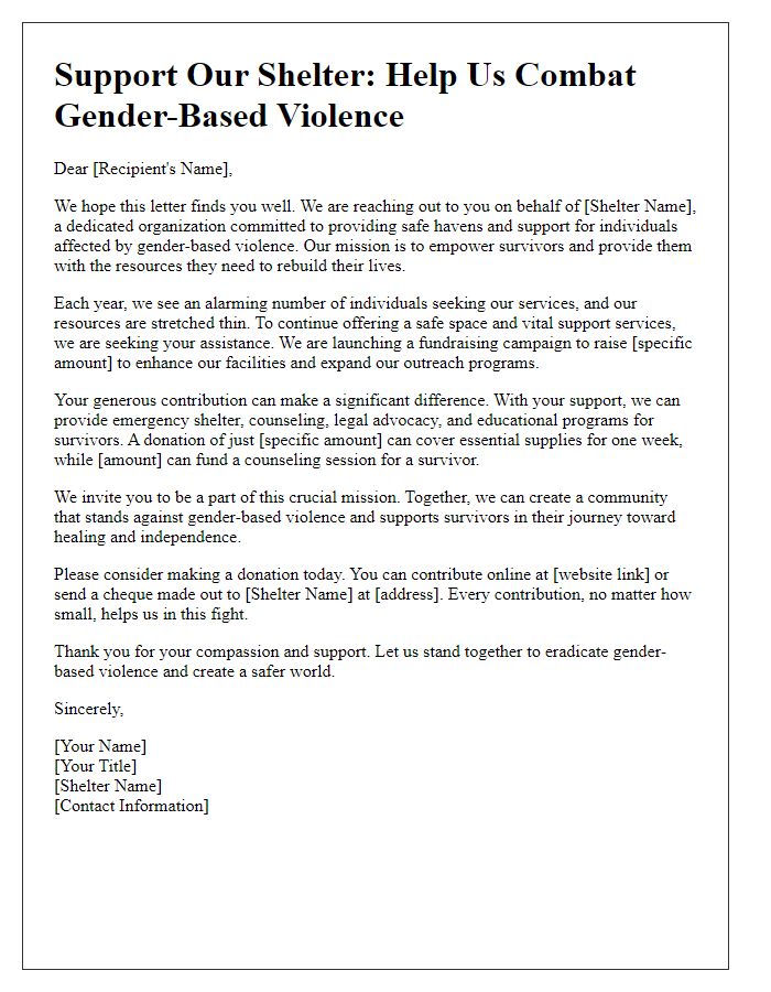 Letter template of fundraising for gender-based violence shelters