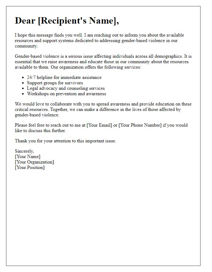 Letter template of outreach to educate on gender-based violence resources