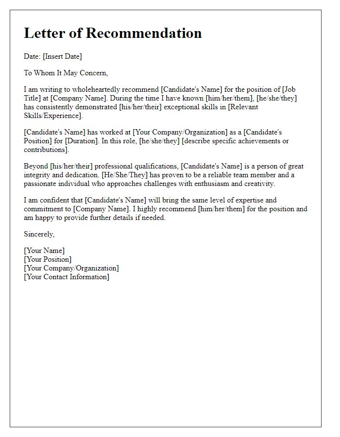 Letter template of backing for a job candidate