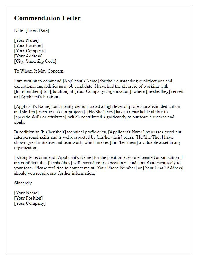 Letter template of commendation for a job applicant