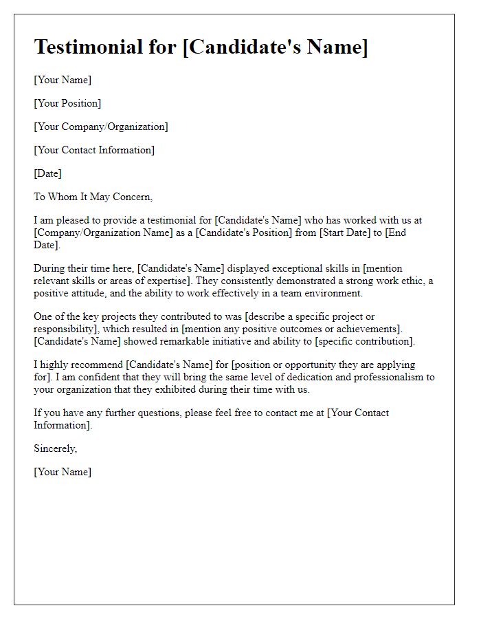 Letter template of testimonial for a candidate