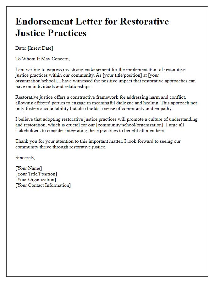 Letter template of endorsement for restorative justice practices