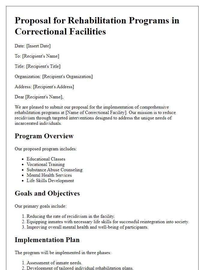 Letter template of proposal for rehabilitation programs in correctional facilities