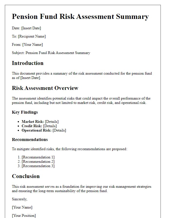 Letter template of pension fund risk assessment summary