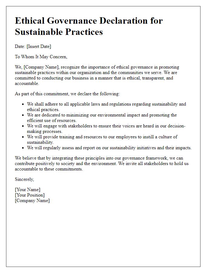 Letter template of ethical governance declaration for sustainable practices