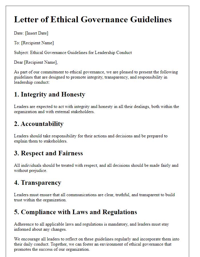 Letter template of ethical governance guidelines for leadership conduct