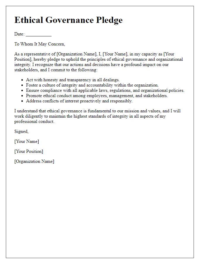 Letter template of ethical governance pledge for organizational integrity