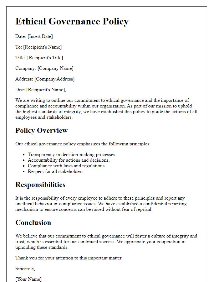 Letter template of ethical governance policy for compliance and accountability