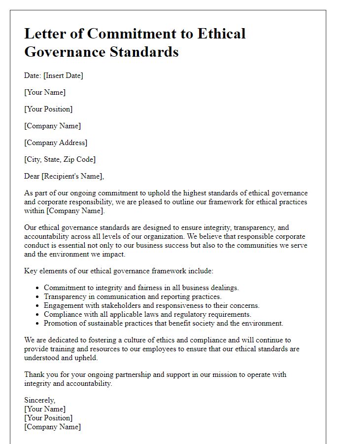 Letter template of ethical governance standards for corporate responsibility