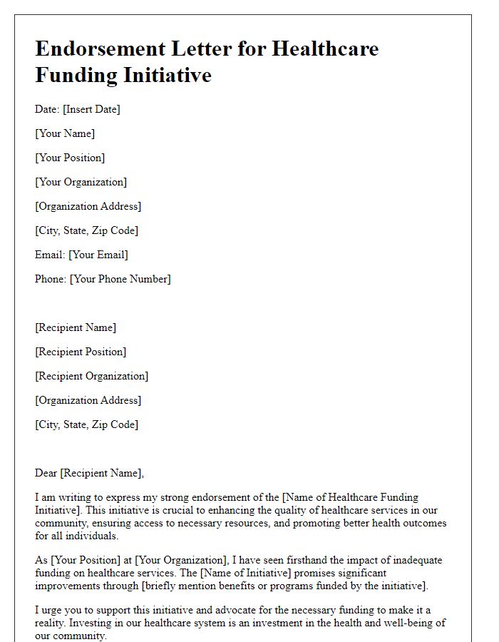 Letter template of endorsement for healthcare funding initiative