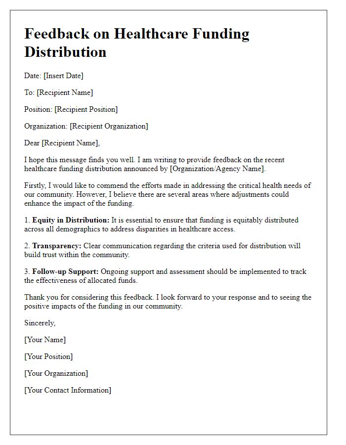 Letter template of feedback on healthcare funding distribution