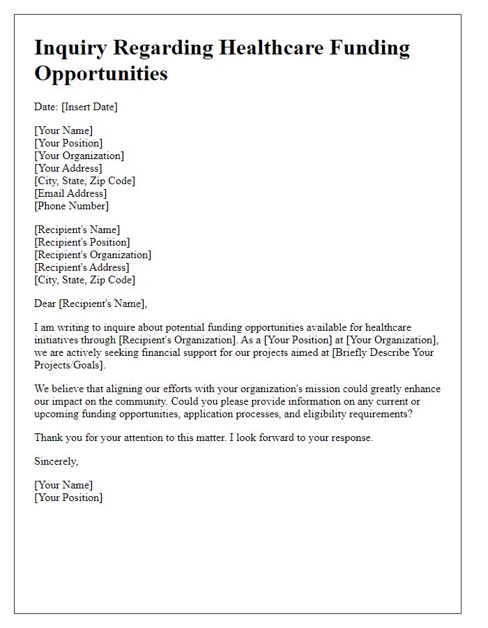 Letter template of inquiry regarding healthcare funding opportunities