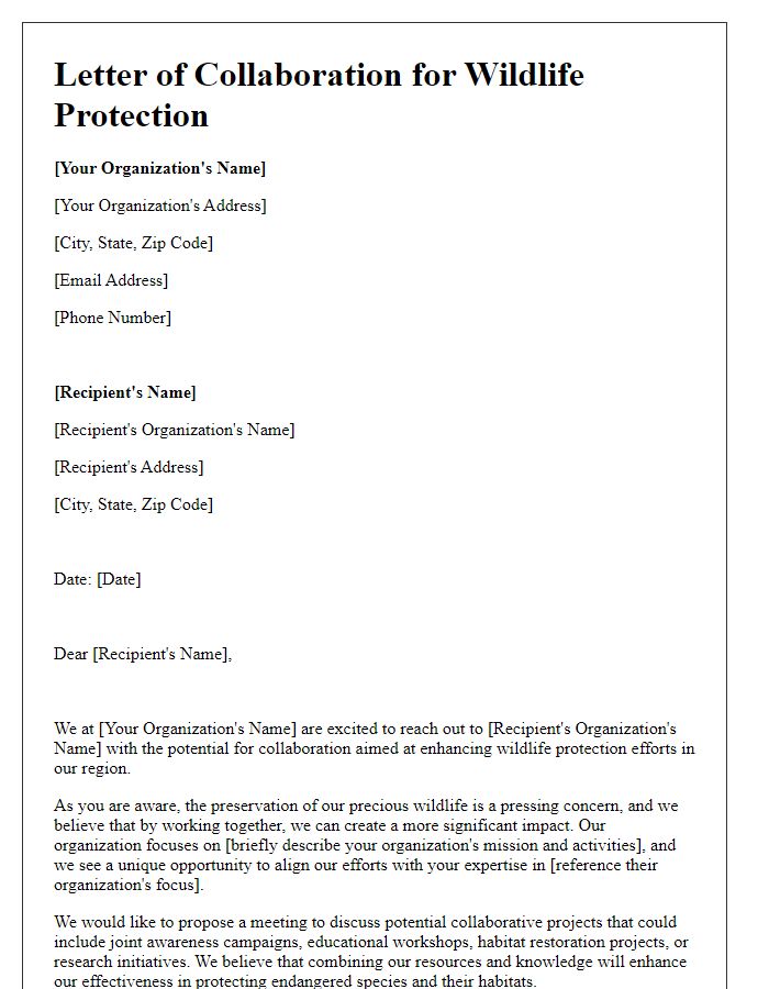 Letter template of collaboration with organizations for wildlife protection