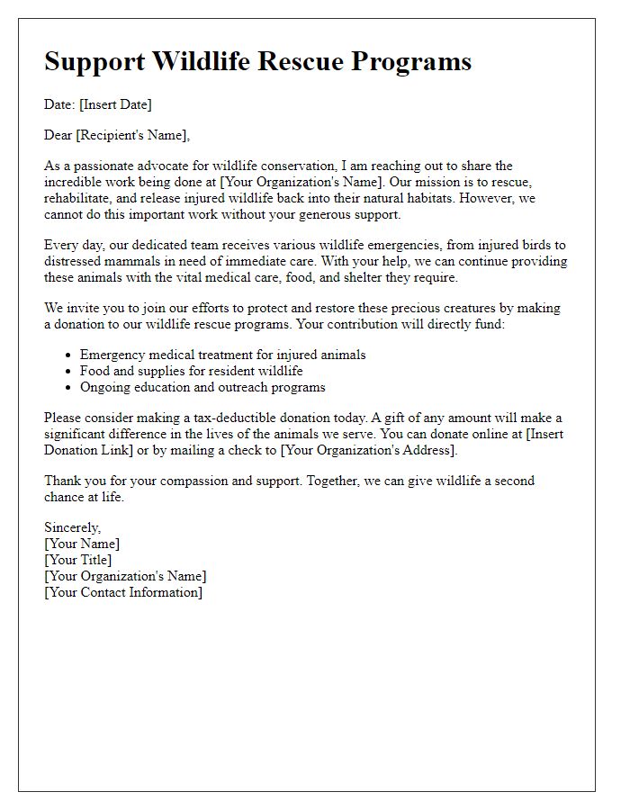 Letter template of donation solicitation for wildlife rescue programs