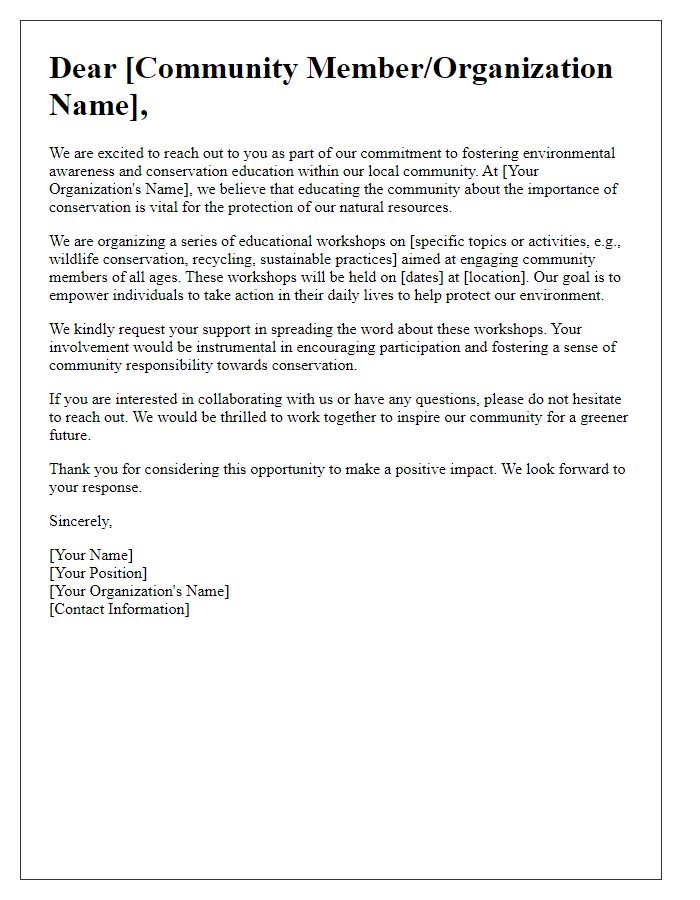 Letter template of outreach to local community for conservation education