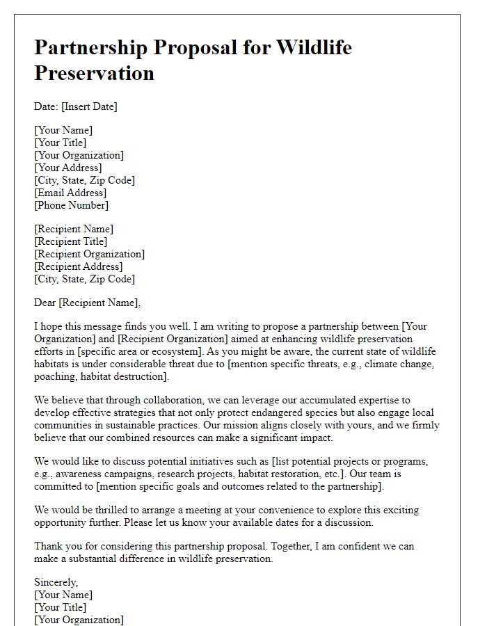 Letter template of partnership proposal for wildlife preservation