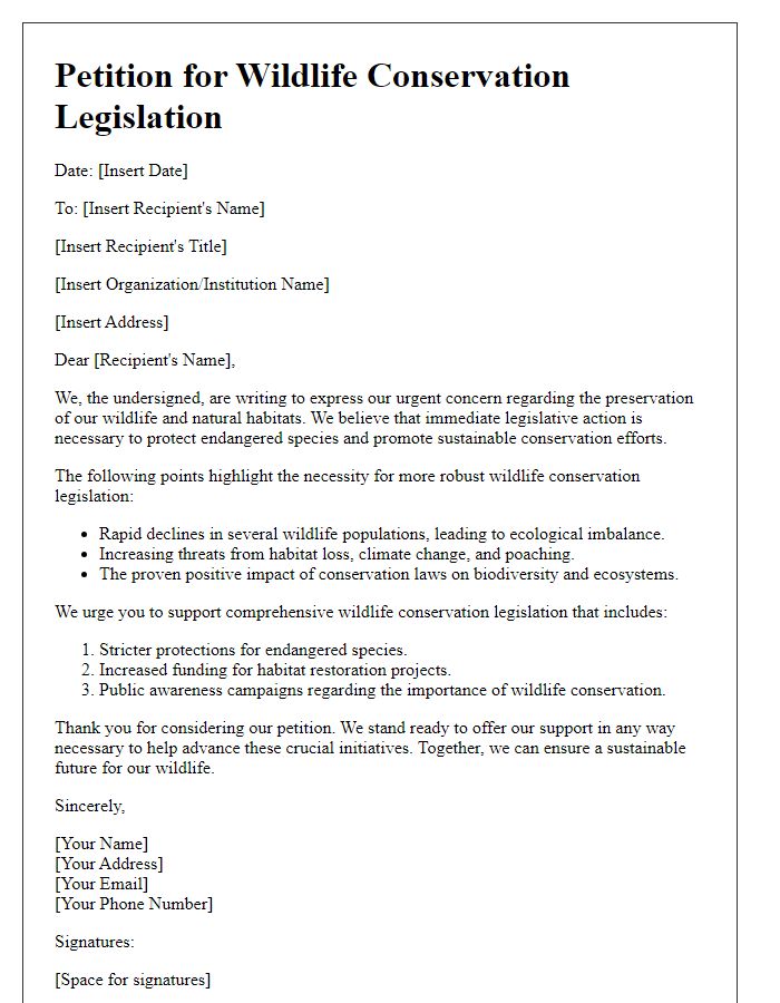 Letter template of petition for wildlife conservation legislation