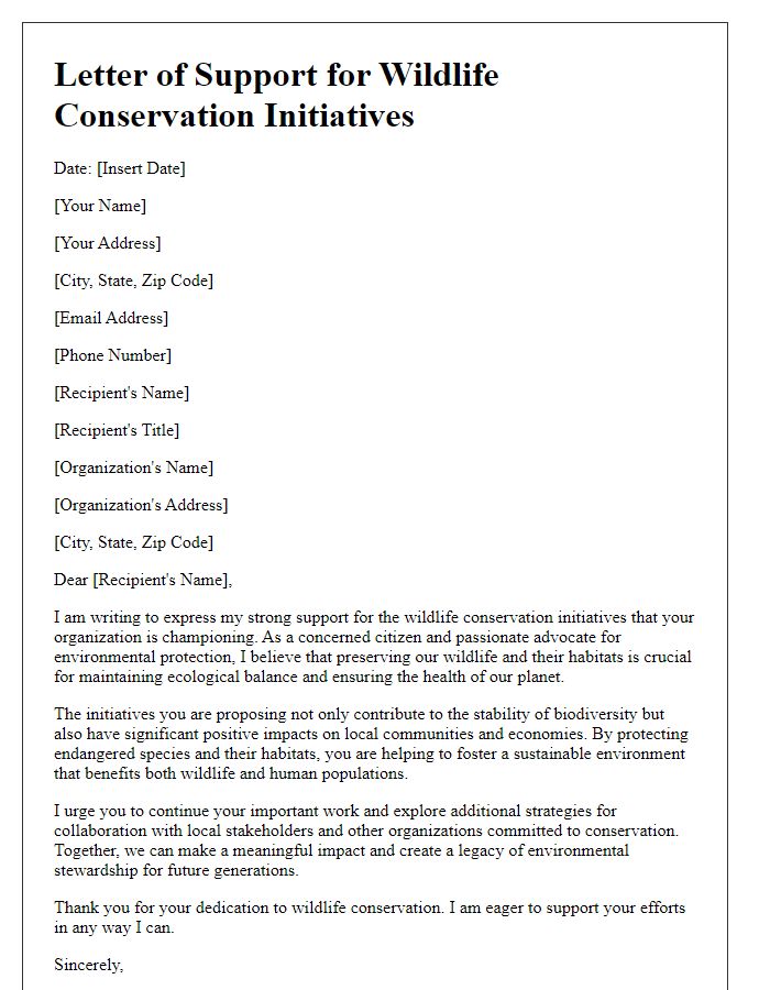 Letter template of support for wildlife conservation initiatives