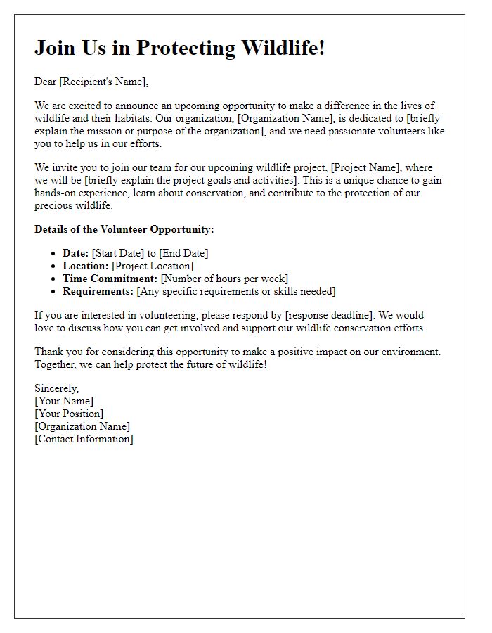 Letter template of volunteer recruitment for wildlife projects