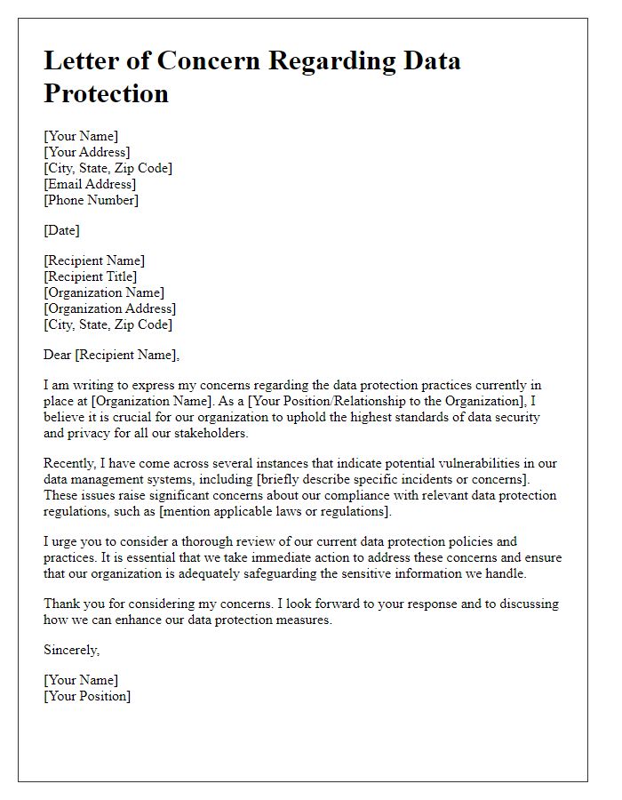 Letter template of concern regarding data protection