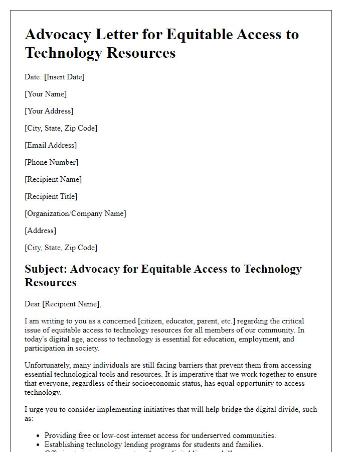 Letter template of advocacy for equitable access to technology resources.