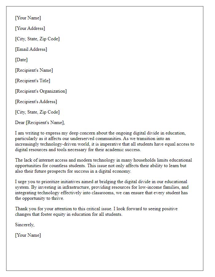 Letter template of concern for bridging the digital divide in education.