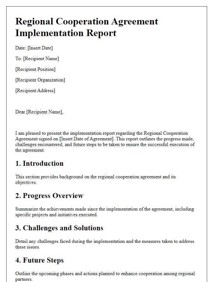 Letter template of regional cooperation agreement implementation report