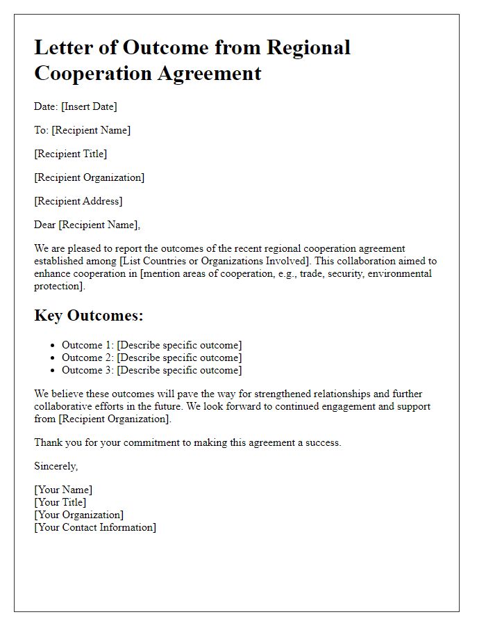 Letter template of regional cooperation agreement outcomes